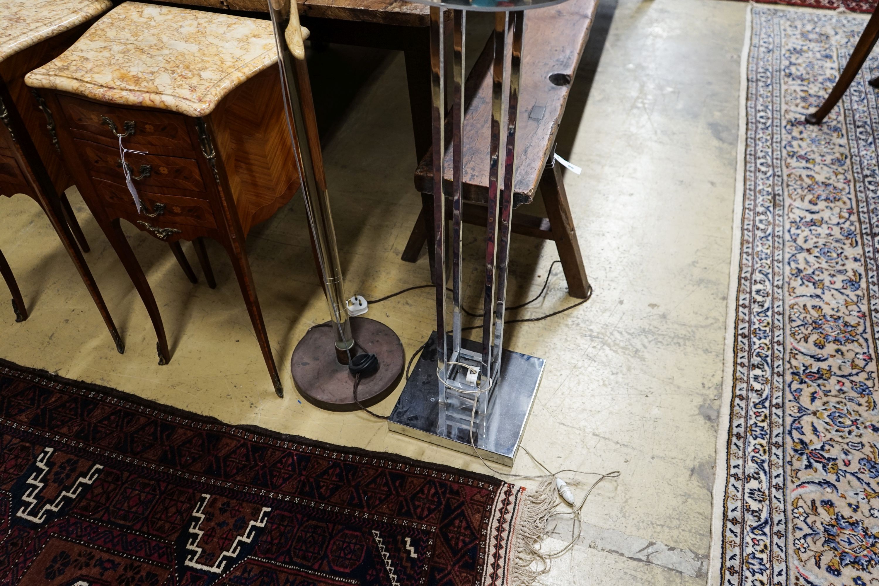 A mid century design perspex column uplighter floor lamp together with a chrome floor lamp, larger 168cm high